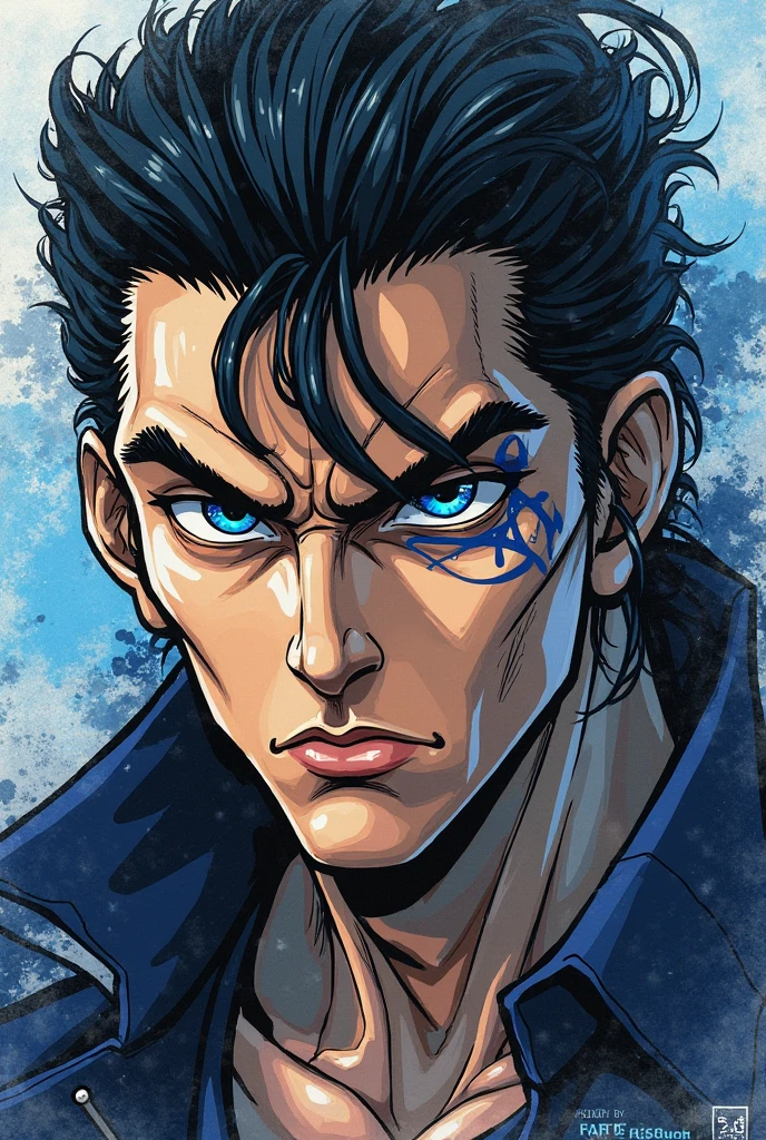 (Jotaro Kujo) Similar style to Araki Hitsuhiko,Enlarge the face,  focuses on the face , Blue highlights,watch the audience, aquarelle, comic strip, Noble youth, Jojo's bizarre adventure 