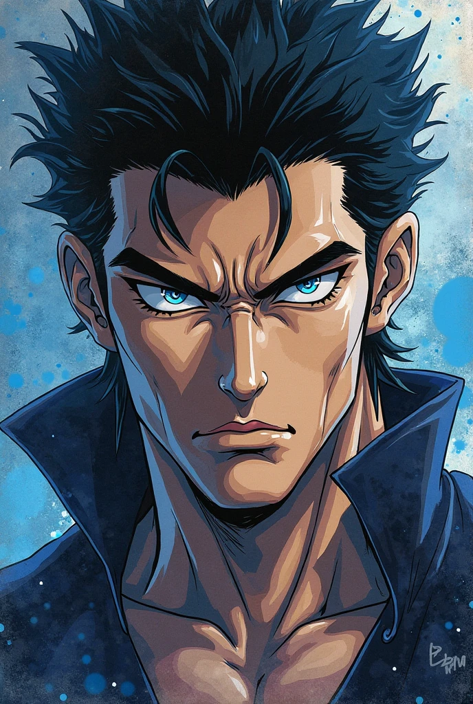 (Jotaro Kujo) Similar style to Araki Hitsuhiko,Enlarge the face, focuses on the face , Blue highlights,watch the audience, aquarelle, comic strip, Noble youth, Jojo's bizarre adventure