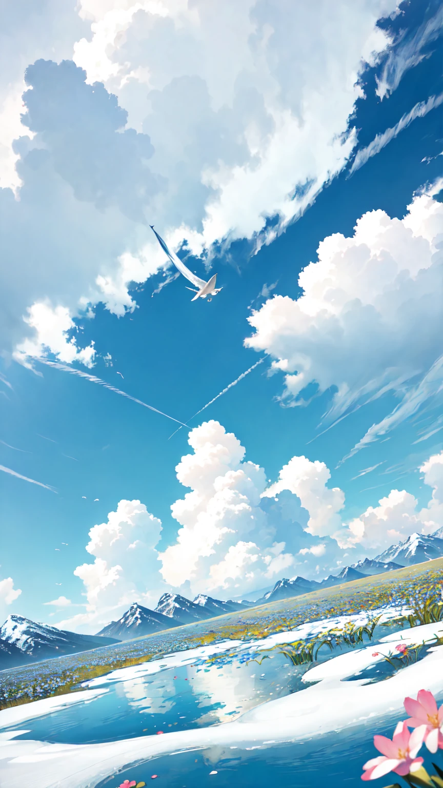 夏天, grassy fields, A few small flowers, clear lakes, pecora, a paradise, Big clouds, blue sky, Hot weather, high definition detail, Ultra detailed, cinematic ligh, surrealism, soft lighting, depth blurred depth of field, The distant view is a snowy mountain, ray tracing, and surrealism. --v6