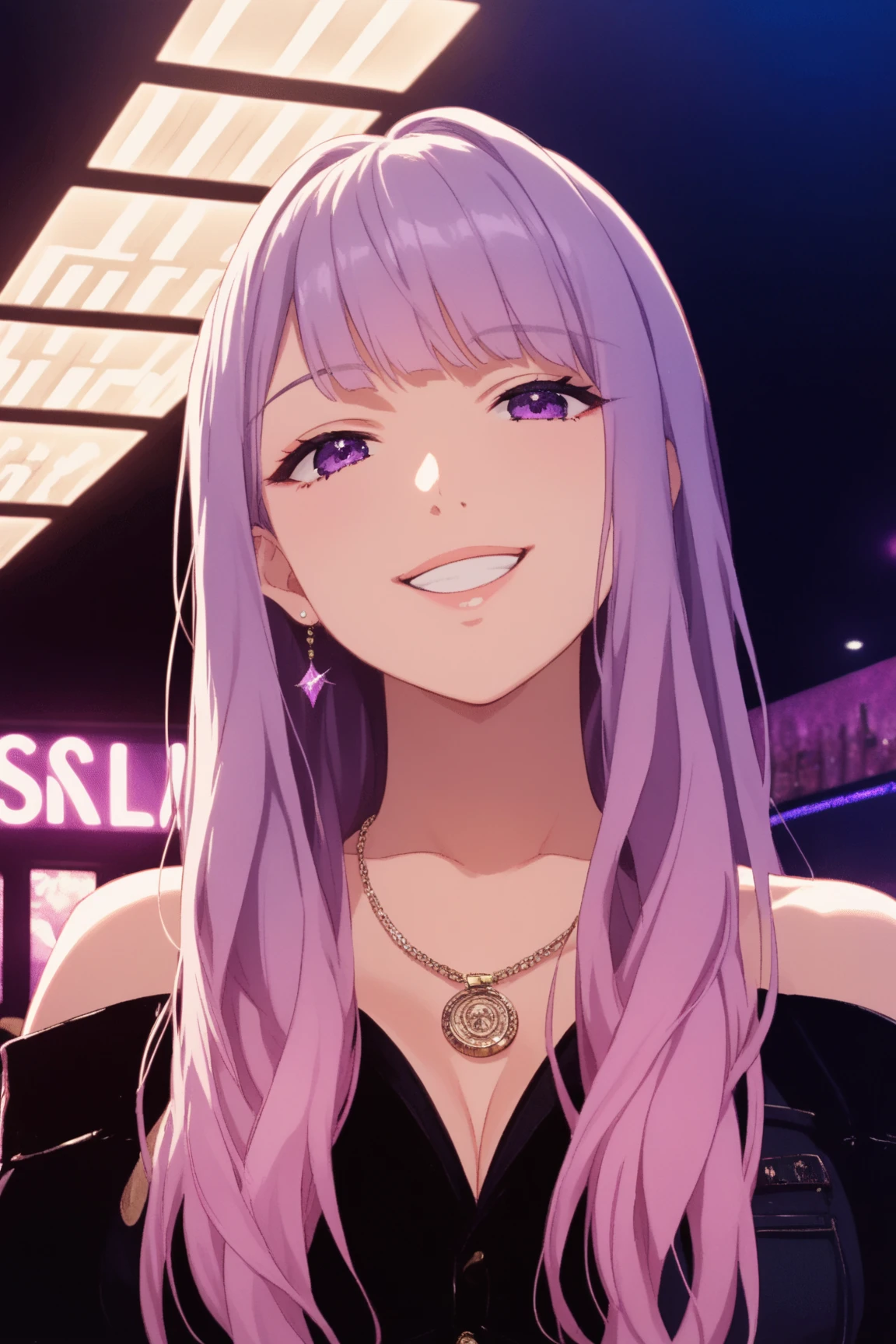 score_9, score_8_Upp, score_7_Upp, best quality, masterpiece, animated screenshot, anime coloring, nikki1, long hair, pink purple gradient hair, Purple eyes, By bangs, alone, Disco, , Frontal photo, Crack , Tilt forward, , Night, 一只手放在头发Upp, upper legs, watch the audience, upper legs间隙, Smile , , The light from the back window is backlighted, lend a hand to the audience {x}, from below, Underwear photos, Nightclub, neonlight, Smile