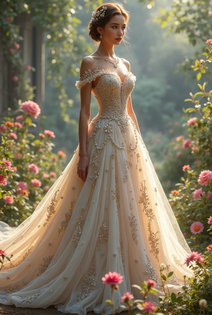 a beautiful princess with a beautiful and proclain skin and hands, in her gorgeous gown playing in the garden.