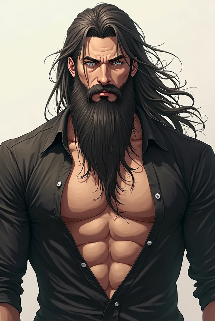Create an image of a man with long, wavy brown hair and bronzed skin. He appears to be around 4, with a full beard. His chest and arms are covered in intricate tribal tattoos. He is shirtless, wearing dark green pants, standing confidently against a neutral background."