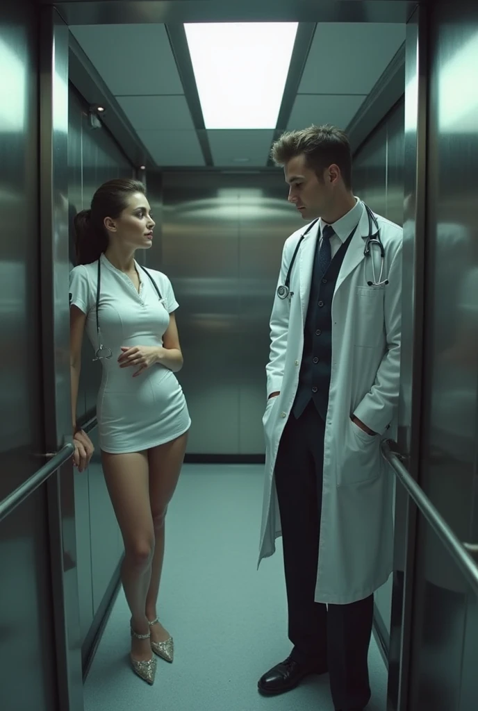 A doctor and a creepy beautiful girl are in the lift