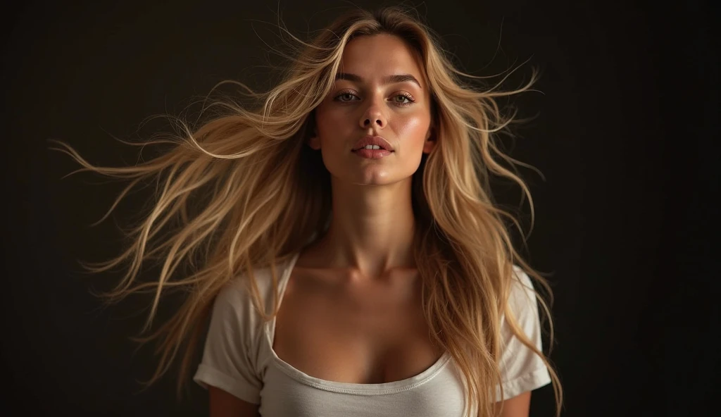 Close-up profile shot of a young person with light skin and long, straight, blonde hair that partially covers their face. The individual is wearing a white tank top and is positioned against a dark, indoor background. The lighting is focused on the subject, highlighting the hair's texture and shine, while the background remains dim and indistinct. The overall composition emphasizes the subject's hair and profile, with minimal visible details of the surroundings.