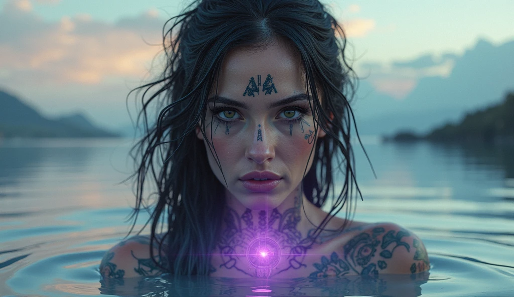 (A gorgeous 23-year-old Italian woman,cleavage,curvy body,ancient dark magic priestess,gothic,horror movie,spooky scene,hyperrealistic,photorealistic,best quality,8k,ultra-detailed,vivid colors,dramatic lighting,chiaroscuro,moody,cinematic)ethereal. ((Glowing energy in her hands))Lightning.  Power. Luminescent glowing  ancient tattoos all over her dark skin.