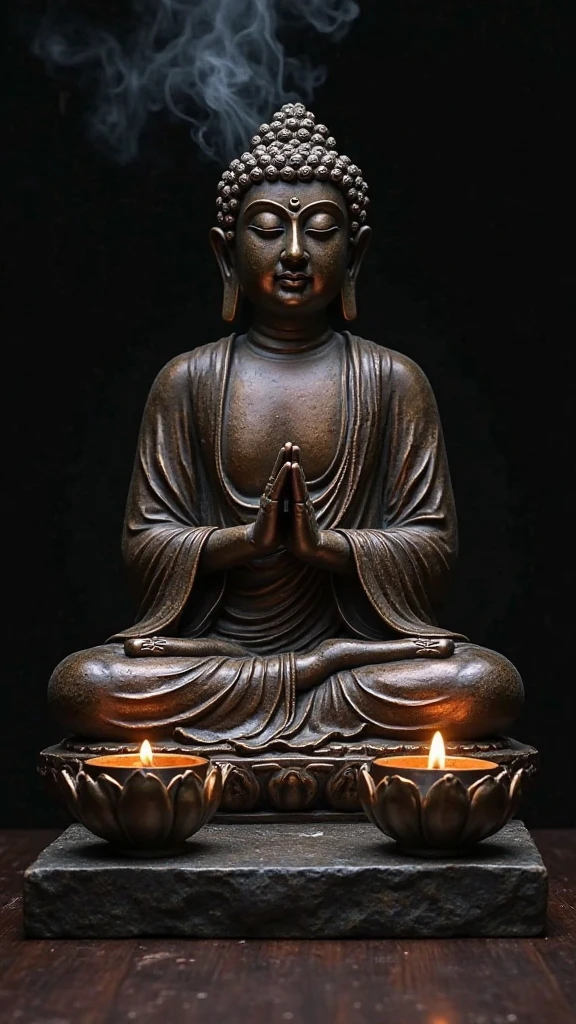 very simple wooden Buddha statue, background dark room lit only by candles, (ultra detailed, absolutely resolution, best quality:1.3), 2.5D, delicate and dynamic effects, artistic photography, hyper realistic, graphic CG digital art, conceptual installation art