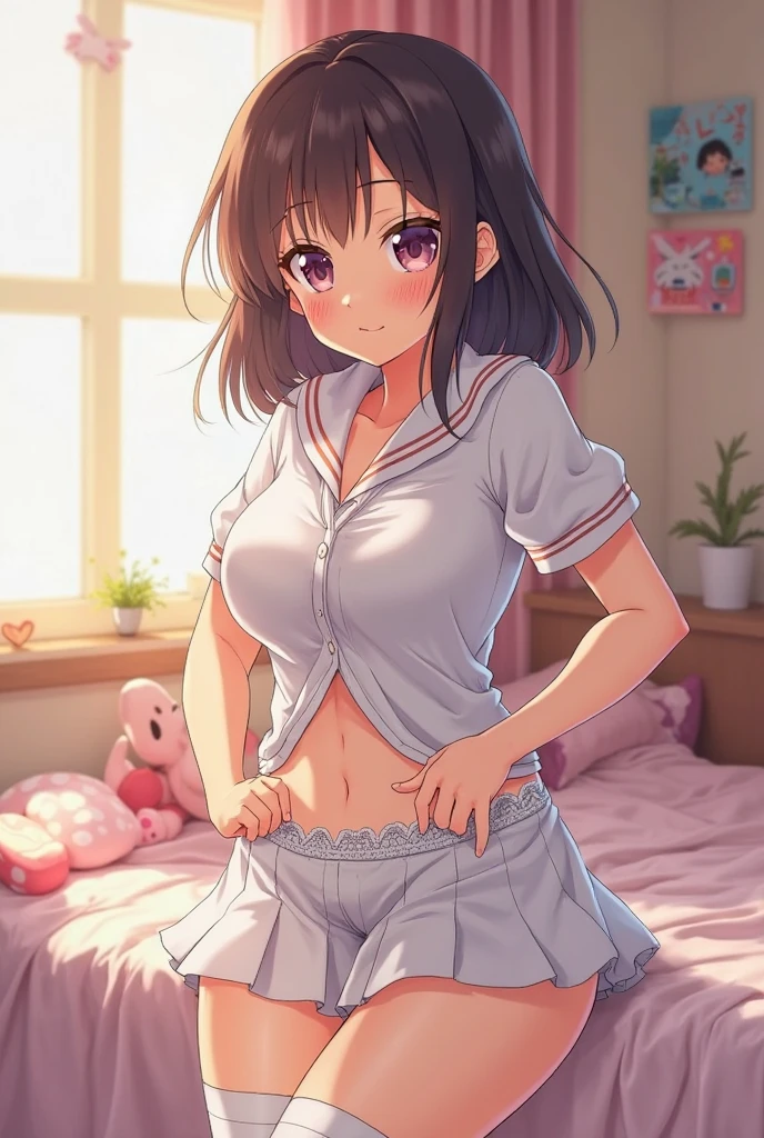masterpiece,highest quality, Ultra-high resolution,(Beautiful woman:1.2), cute, cute顔, (Upward-facing chest, Beautiful big boobs:1.8),(blush, Happy:1.2),(enjoy:1.2), (Black Hair:1), (short low ponytail:1.2), Medium Hair,Sexy mole around mouth,Wet lips, (erupt:1.4), (Squint your eyes:1.4) ,((Plain T-shirt:1.8)), (Cute pajamas:1.2), kawaii , room, Girl's room, Quietly sit on the bed, wonderful,Realistic Background,