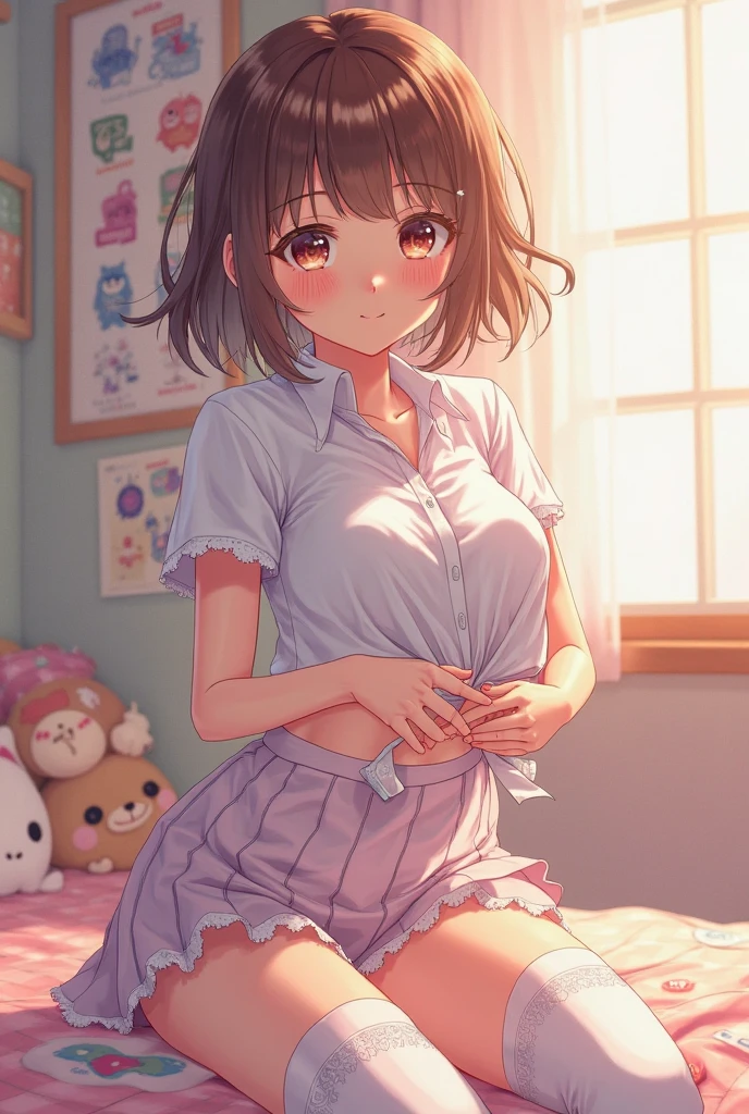 (Masterpiece, top quality, absolute resolution, real stick, realistic materials and textures, perfect anatomy), BREAK Subject: Photo girl Subtitle: Junior high school girls, thighs, small, cute, pajamas BREAK pink kawaii room , pink gothic room, messy room, Marchen, macarons, Candy, heart item, ribbon,star item, small window, (Miscellaneous goods are placed in a mess:1.3),dresser, antimacassar , topless, panties, brown hair, gray eyes