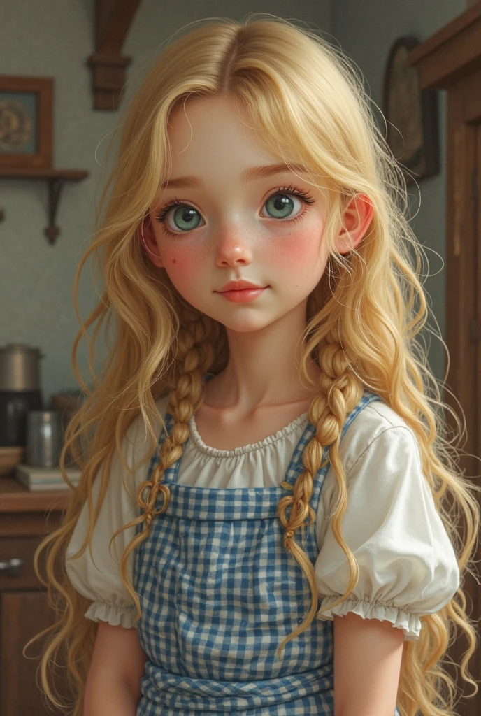 photorealisim、full body Esbian、12Year old girl、Cute with green eyes12Year old girl、Severe curly hair、Naturally curly hair、Golden hair、hitornfreckles、Housemaid style、ssmile、Cleaning cheerfully with a broom