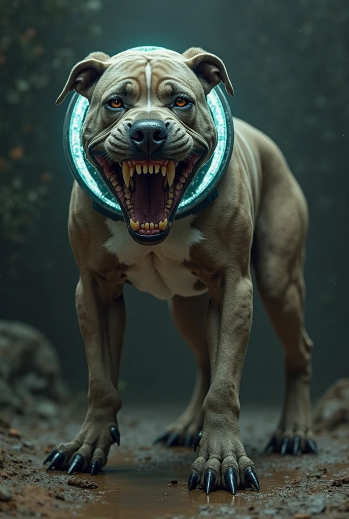 Create a Ferocious White Robot Pitbull with a Letter F Collar