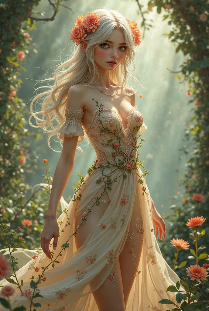 8k, RAW photo, Fujifilm, style photo of a beautiful young woman as avril in a garden of light pink roses (highly detailed skin: 1.2) Style-Petal BREAK short hair, blonde hair with colored locks, wearing a sheer sundress, film granulation, 35mm, cute style