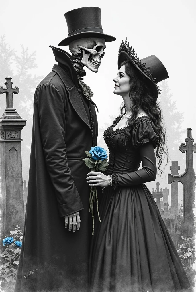 death takes his bride by the hands and leads her into the dark abyss, pin up style with tattoos, she is wearing a beautiful gothic gown skulls and roses lead up their path, there is poetry in her despair, highly detailed rendered hd alcohol ink high quality glitch fractuals, poetry in their despair skeletons reach up, he kisses her lustfully