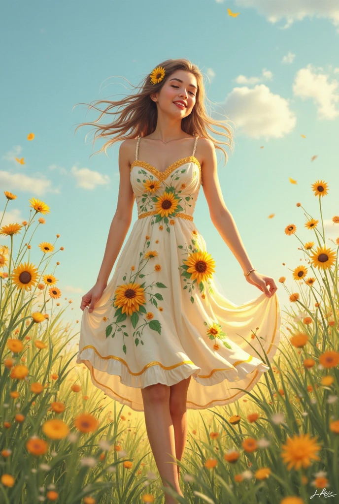 A dress in a joyful pattern of colorful flowers or playful polka dots with a fun, flowing design.