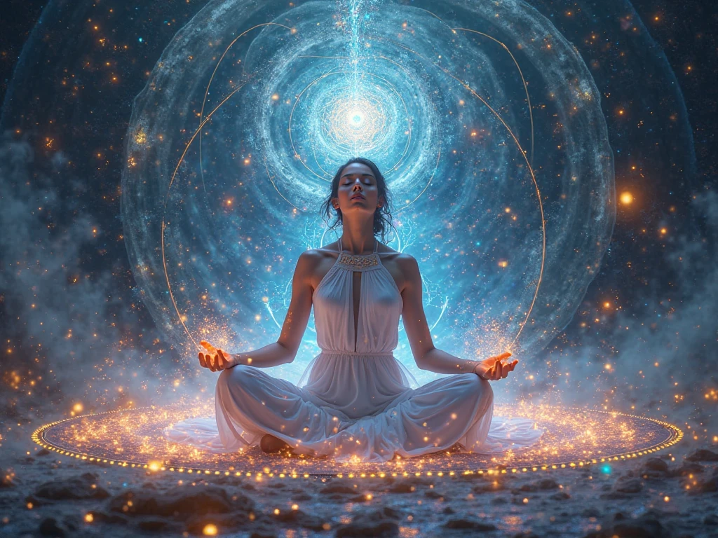 Mystical woman in the middle of the universe deep meditation, Etéric atmosphere, Aurico com desenho dos chakras