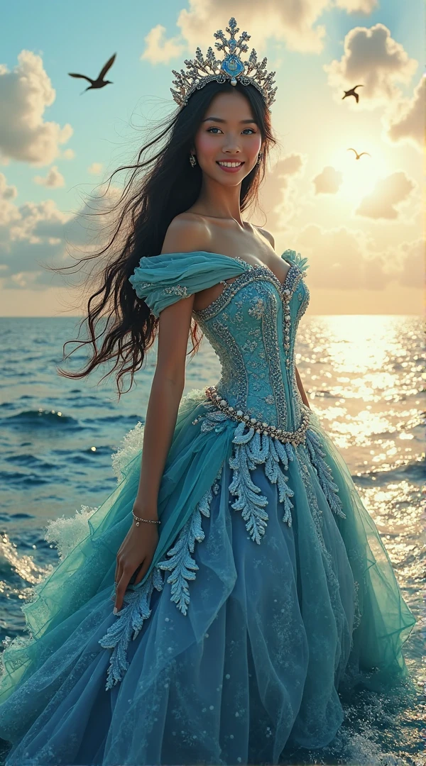 ((masterpiece,best quality,edgQuality)),(smile),standing,posing,
dark hair,edgCG_woman,edgCG_face,edgCG_body, facing viewer,
<lora:edgPorcelainDollLikeness:0.8>
 <lora:edgSeaweedGowns:1> wearing ballgown, with seashells, edgseaweed, edgseaweed_dress