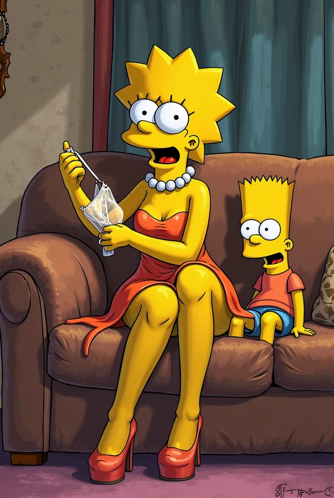 ((masterpiece, best quality)),(complex light), full body,1girl, in school bus with kids, sitting, solo, lisa simpson, Simpson cartoon style, red dress, shy, black bead eyes, lies, pussy , nipples, small breasts, pussy juice, pissing, pissing himself
