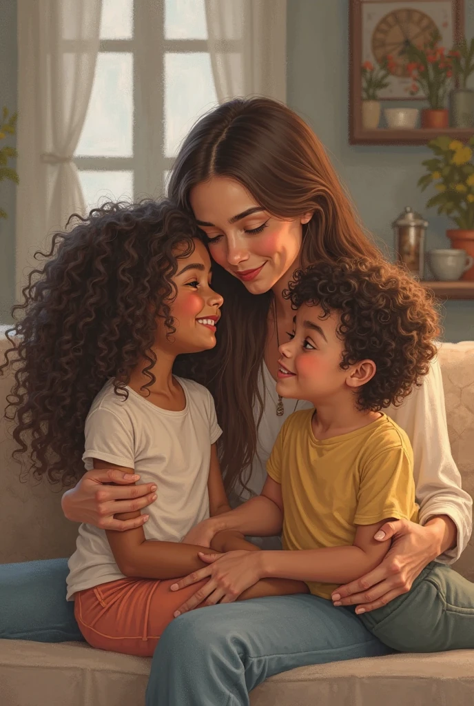 Curly haired mother and 1 son aged 5 and a daughter aged 11
