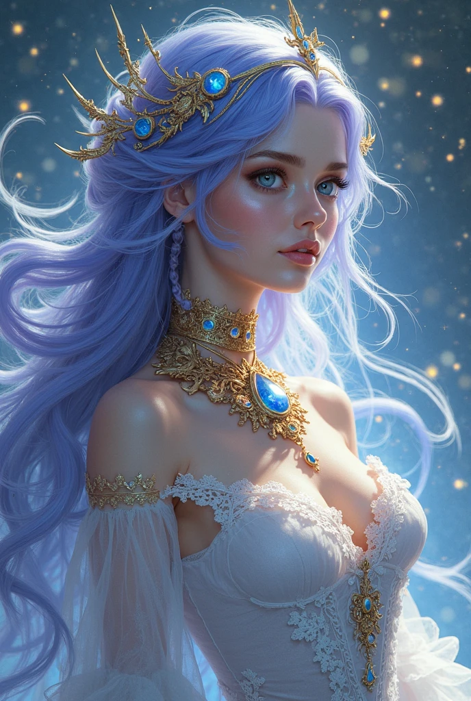 This artwork transports you to a dreamy realm of mythic fantasy, with soft watercolor hues meticulously blended in varying shades of pink, blue, and purple. A regal figure emerges, reminiscent of Greek mythology, her form graced with realistic skin and hair texture that exudes an ethereal allure. Her strong, proud face bears realistically shaded eyes, deep-set and full of character, framed by puffy, perfectly defined lips that curl into a gentle smile. Her voluminous, realistic hair cascades down her back, each strand delicately dancing in the gentle breeze, intertwined with ornate flowers and winged butterflies that fl