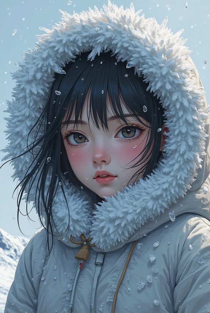 Young women，with short black hair，Light blue pupils，The face is cold，Cold white skin