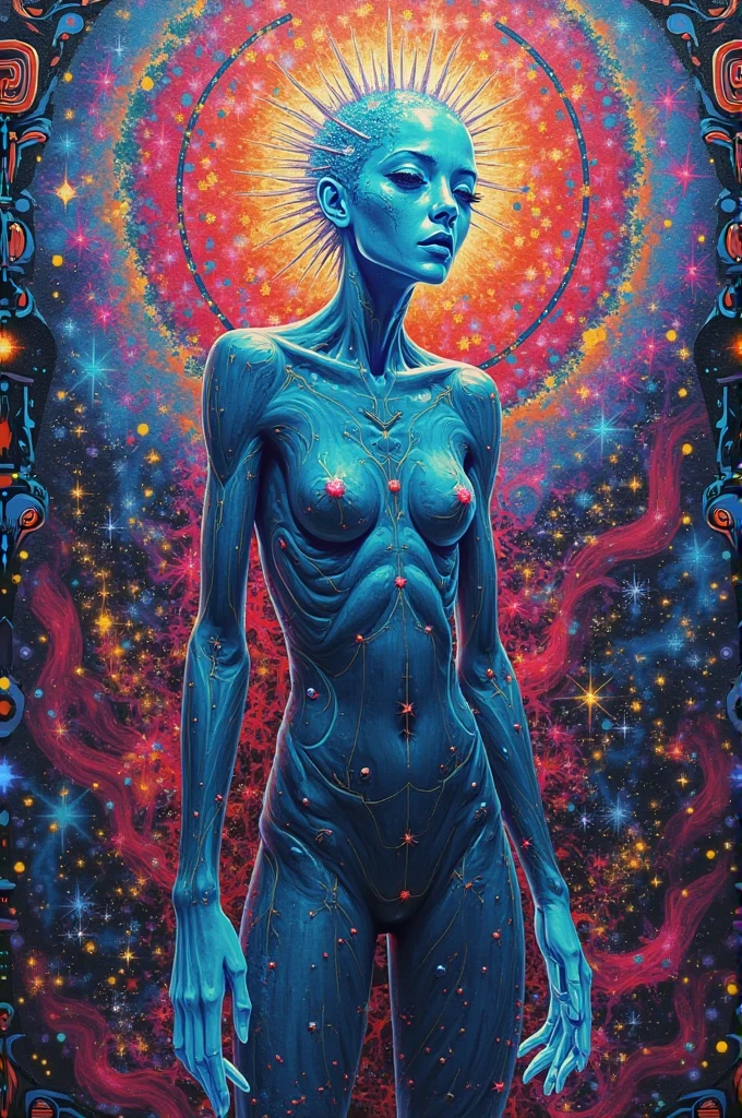 Amidst a kaleidoscope of colors, the humanoid figure known as XYLOLYX danced with grace. Its body bore intricate patterns, a fusion of organic and mechanical elements. Nearby, a large, striped mushroom swam, its own vibrant hues mirroring the surreal scene.”