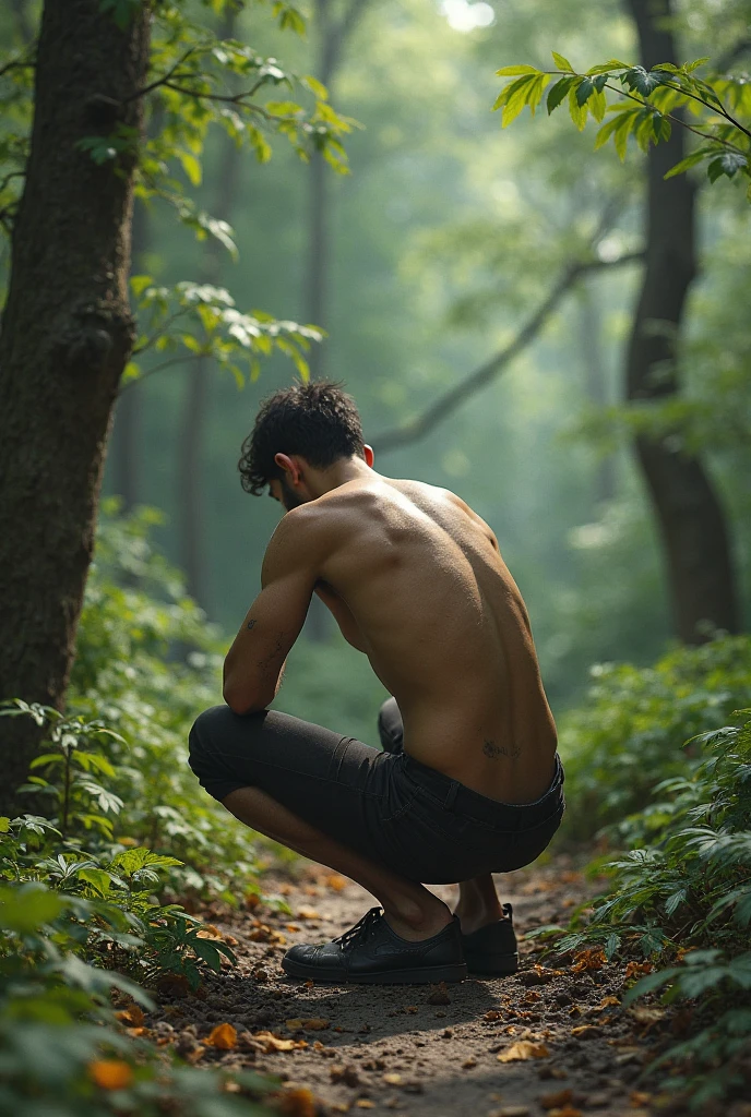 Naked man from behind crouching showing his butt