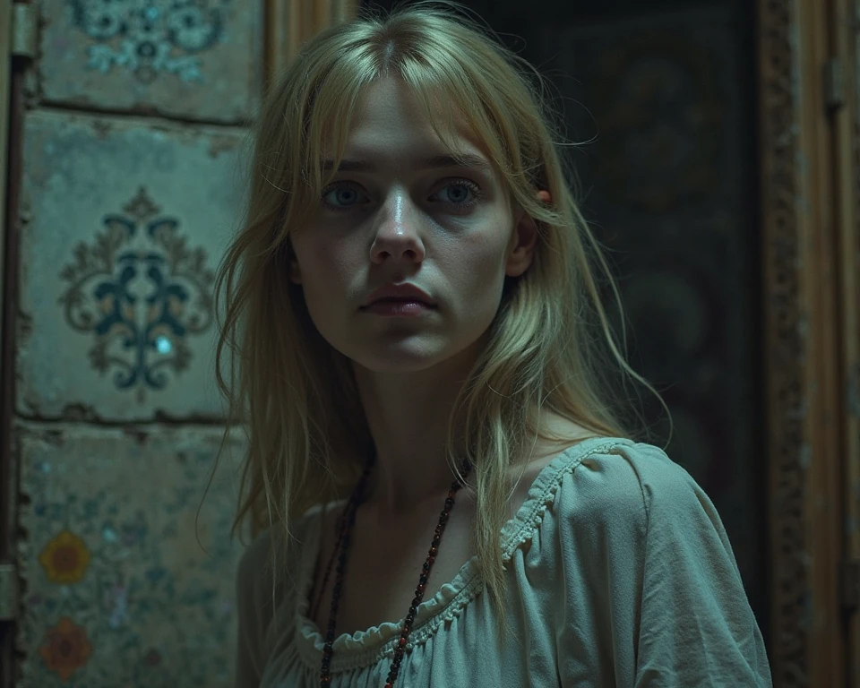 young beautiful blonde hair royal maid crying, blood running from her nose, gothic and scary atmosphere