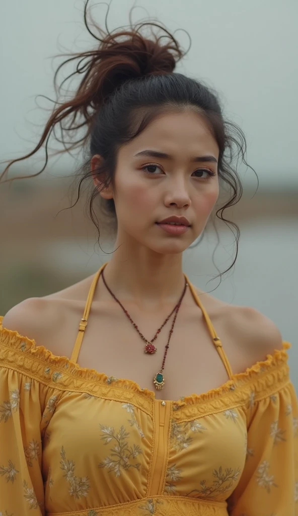 Create a highly detailed, hyper-realistic digital painting of a beautiful Philippine+korea young woman white beautiful cheats,white skin with a rugged, beautiful face, adorned with a lush beard interwoven with autumn leaves and small fruits. The man has a strong, contemplative expression and dark, expressive eyes. His head is wrapped in a colorful turban made of vibrant, textured fabric, decorated with leaves and various fruits, including grapes and oranges. The background is a dark, moody tone that enhances the vivid colors of the fruits and leaves, creating a striking contrast. The overall aesthetic should evoke a sense of nature and abundance, reminiscent of classical paintings with a modern, fantastical twist.
