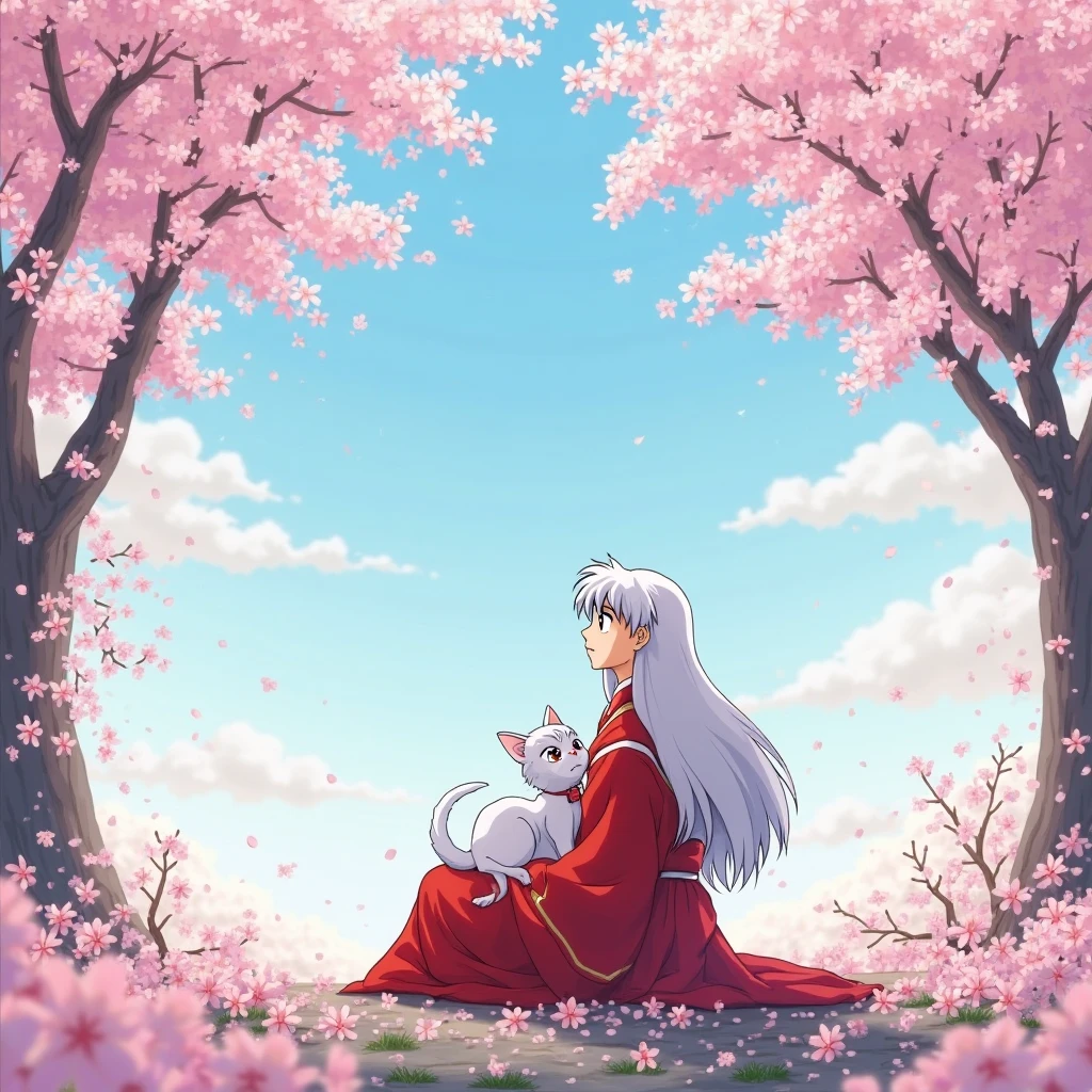 Japanese animation. Picture of Inuyasha underneath the cherry blossoms in his red cloths he's holding kilala in his lap as he looks up at the sky the dreamy looking his eyes