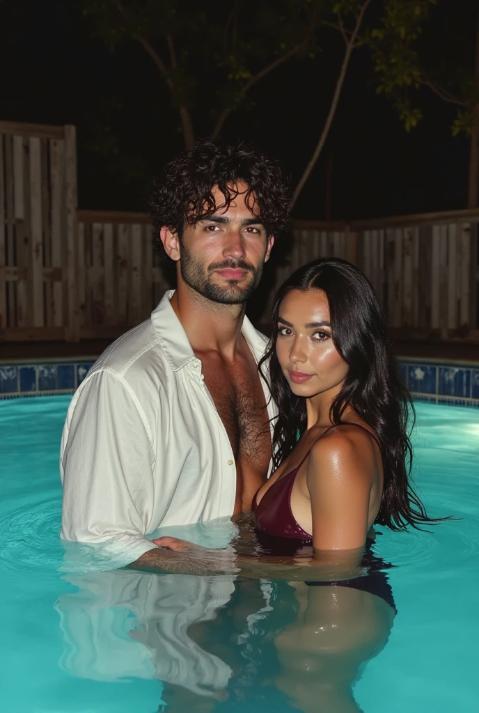 all body visible, photo of loving couple, one man jake gyllenhaal short beard, one woman take long brown hair generous chest, body perfect, smiling, love, swimsuit, 30 years old, bath in lake, film, bokeh, professional, 4k, highly detailed, lake in the background, natural lighting