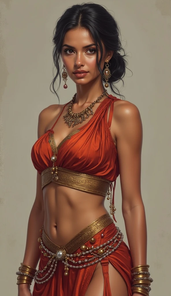 ultra realistic full body oil painting of Rosario Dawson, thick Rosario Dawson as Godess of Lust by Raja Ravi Varma style, plume, pomegranate fruits, with ancient Indian landscape in the background, wearing white tiny loincloth, ((detailed long straight wavy hair)), thick, intricate, ((detailed face and eyes)), perfectly lit, perfect studio lighting, highly detailed, portrait painting by greg rutkowski, Raphael, Pre-raphaelite, neoclassical Hyper realistic portrait, Dramatic portrait, ((perfectly drawn fingers)), perfectly drawn arm, perfect anatomy, 4k UHD