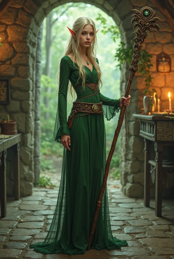 body shot, fair complexion, gorgeous voluptuous elven girl around , curvaceous body, cleavage, thin waist, thick large hips, walking in the forest, natural white hair, distinctive green eyes, wearing kohl, slender and graceful, wearing high heels, short skirt, beautiful, candlelight in a medieval setting, ultra sharp focus, realistic shot, medieval female clothes, tetradic colors (scar:1.4)