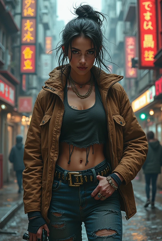 hay una mujer (Zendaya) Con chaqueta de cuero y pantalones cortos posando para una foto., beautiful mujer ciberpunk model, abdominales triturados, abdominales vasculares, venas muy visibles, foto ciberpunk, chica hermosa ciberpunk, Cyberpunk Diosa hermosa enojada, chica ciberpunk, en un ambiente ciberpunk, ross tran 8k, Judy Alvarez Cyberpunk, mujeres ciberpunk, cinematographic. por leng jun, en estilo ciberpunk, por Raymond Han, mujer ciberpunk