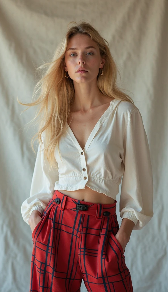 RAW photo, portrait of a beautiful blonde woman wearing a red shirt (high detailed skin:1.2), 8k uhd, dslr, soft lighting, high quality, film grain, Fujifilm XT3, ((((full naked body shot)))