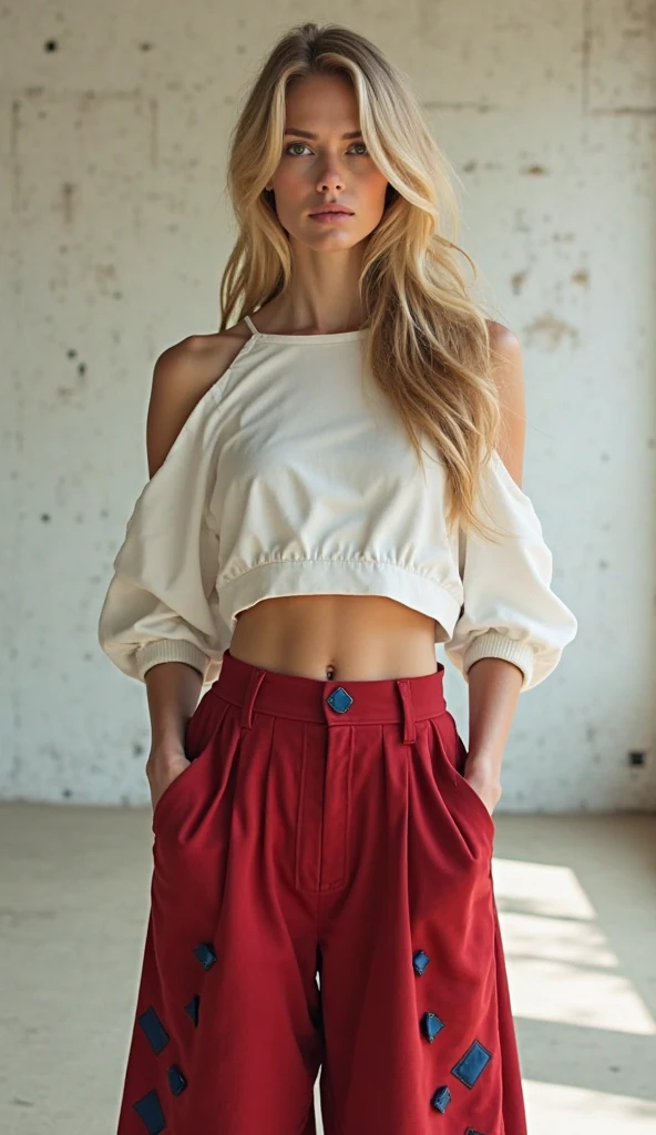Best quality image: A full-body photo,A tall figure、Short blond hair,Straight Hair、25-year-old sunny girl,fit、Sexy,energetic and cute,Red and black,(穿着红色miniskirt:1.2),miniskirt,(Pearl Necklace:1.2),Her smile is filled with happiness and confidence,He stood on a clean, Neat background. Clear image details,Relaxed natural texture. The lighting is very cinematic, Casting a soft and bright light on her toned face, Enhance the depth and dimension of your photos.