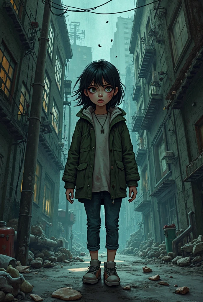 A young girl standing at the entrance of an orphanage, with a look of endless loneliness and solitude in her eyes, wearing tattered clothes and clasping her hands together, surrounded by desolation and silence, ,in the style of the stars art group xing xing, 32k, best quality, masterpiece, super detail, high details ,