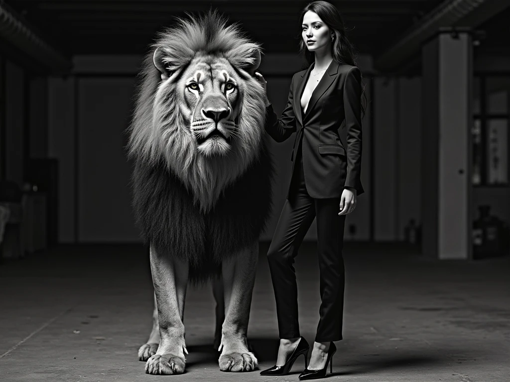 Woman in black suit next to a lion