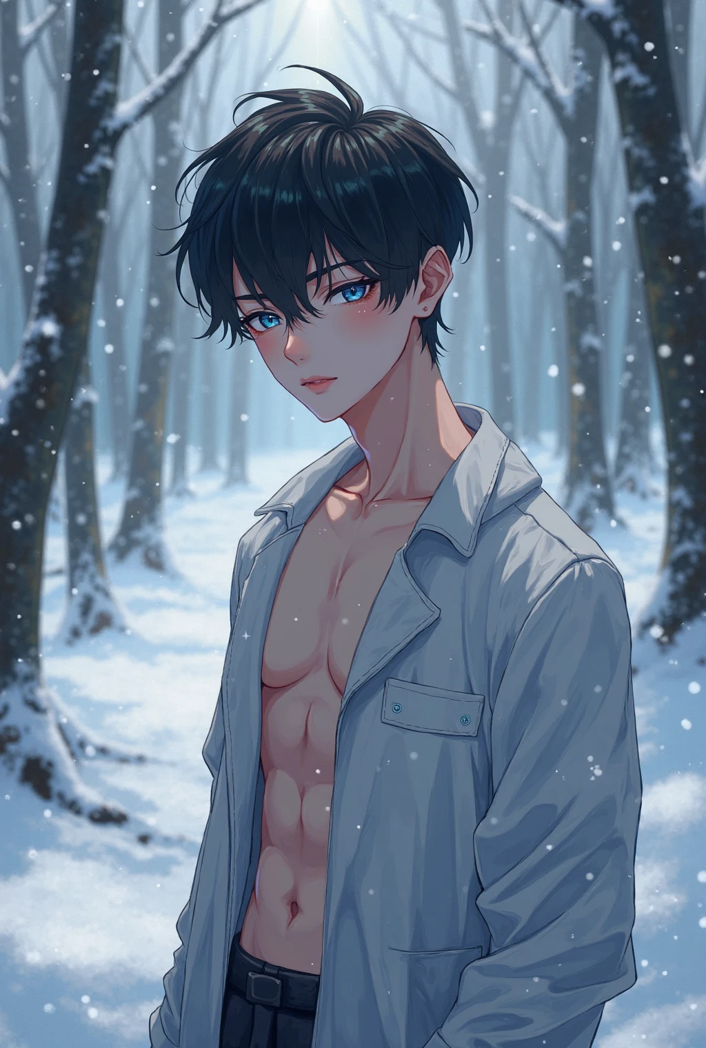 15-year-old boy, Upper body naked, White briefs ,Smooth Skin,In the mountains,  Black Hair,   Thin、Beautiful Boy、Japanese、Dark Eyes