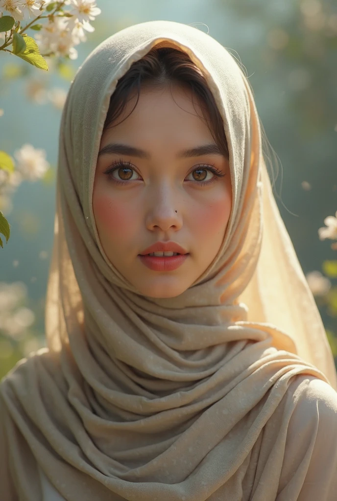 Nude , Porn, (Close-up of the painting style，Ultra HD 8K，Masterpiece grade CG wallpaper)，Cinematic lighting，cute girly，Delicate and beautiful face，Dreamy pupil , round waist,javanese hijabi,Bust poem,Sit，Cloudy background,the trees,florals, magical