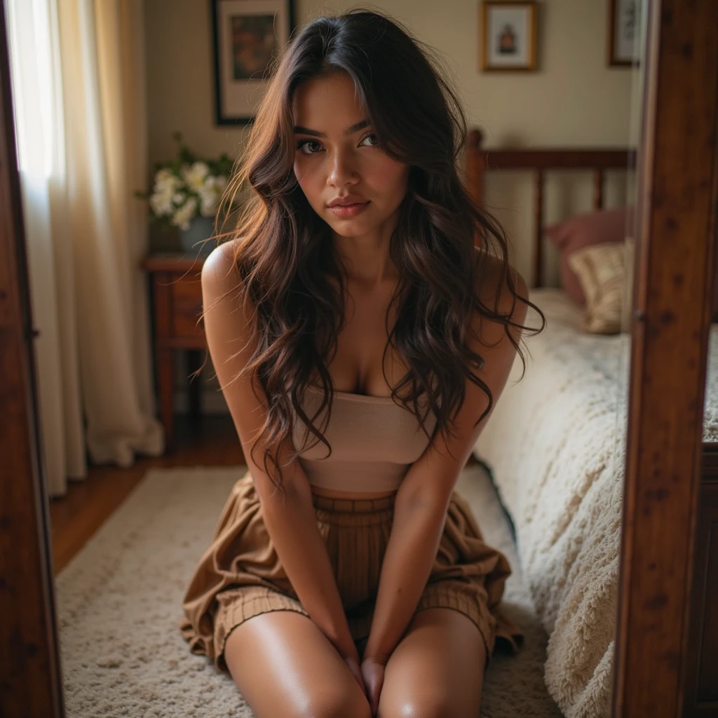 analog photo of a young woman with long dark hair, posing in her living room, wearing a pink puffer dress faded film, desaturated, 35mm photo, grainy, vintage, Kodachrome, Lomography, stained, highly detailed