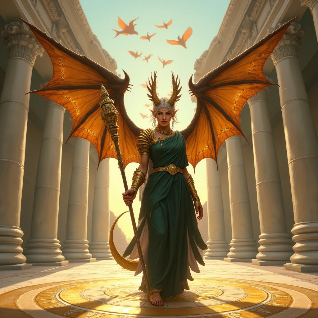 The beautiful Dragon Queen in full body, pigtails, naked breasts, large wings, Sexy, fishnet pantyhose, mini skirt, stands, Magic Staff in Hand, Crocodile skin, Old Temple, Ruins of an ancient temple, Universe of Warcraft, a lot of details, Chic, super detaill, Realistic, magic atmosphere, Fairytale atmosphere, Magic, incredibly, a lot of details,