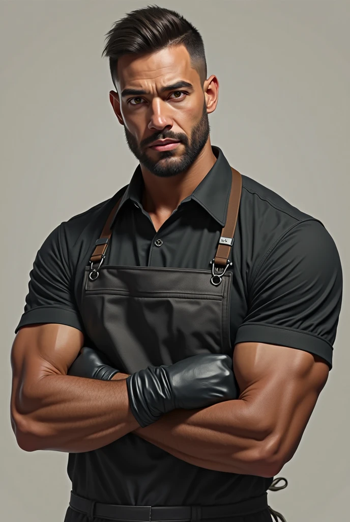 carpenter named Jose, a healthy, strong man with a leather apron, with a determined attitude looking at the cell phone he has in his hands