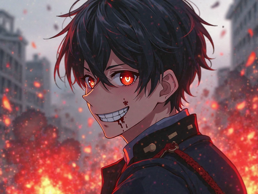 Anime teenager boy who has Black hair with glowing blue eyes that looks like gojo's eyes wearing Jujutsu high uniform charging red glowing ball while smirking  with his mouth opened as his eyes glowing blue and wide opened looks so rare background city ruins  his face was covered with blood and he has some body injuries as he's about to shoot the red blast in a fighting scene 