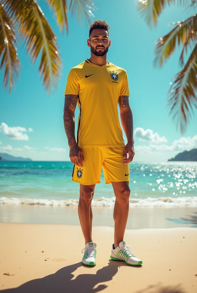 A handsome 27-year-old tall white young man in a men's fashion show on the beach shore wearing a green, yellow and blue Brazilian swimsuit with a beach ball in his hand. Many people applaud him and bubbles are around him. Tight boxer shorts in the colors of the Brazilian flag. Unshaved, white, tall with black hair.