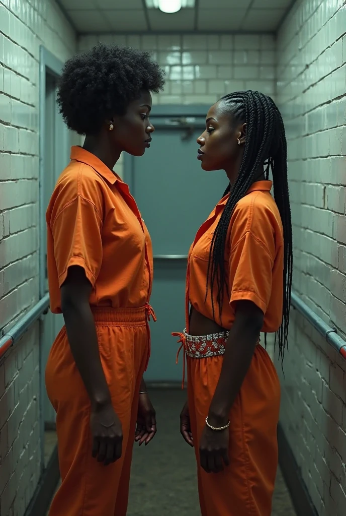 (photorealism:1.2), a tall 50 year old white female prison guard in police uniform, one hand in the orange pants of a shorter 20 year old topless female black prisoner, many female prisoners watching in background, prison setting, high detail, UHD, 4K