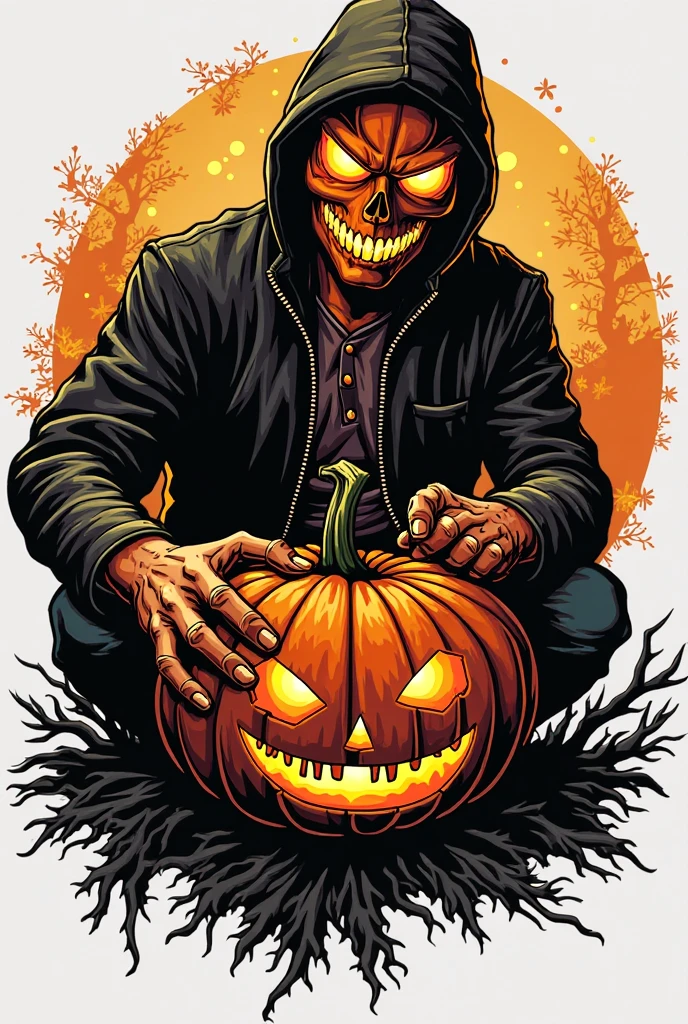 a tall handsome man with a carved pumpkin head, torn stained jacket, jeans, holding an ax, dark forest background, anime style, highly detailed, cinematic lighting, dramatic atmosphere, horror, masterpiece