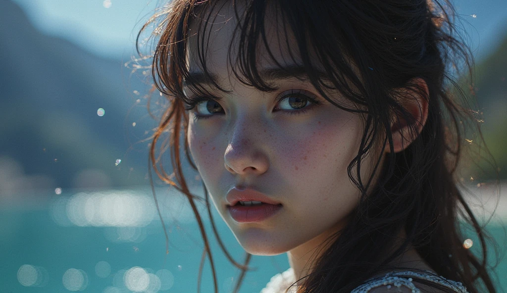 ((Pure Beauty:0.8+Ultra-realistic realism:1.2),Caucasian flesh:1.2,Bright eyes:1.1),Light contrast and hue:1.1,High Surface:1.1,Image quality:ultra hd:1.3,Upper part of the body,high nose bridge,dynamic angle,Clouds and sea,Field of flowers in the foreground,Light Tracking,lifelike,Informal art,Unity 8k壁纸,Ultra - Details,beautiful and beautiful,master-piece,beste-Qualit,gleaming skin,Cinmatic lighting。