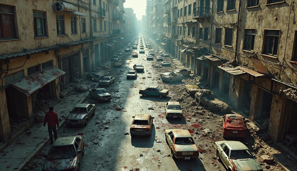 (Best quality,4K,8K,A high resolution,Masterpiece:1.2),Ultra-detailed,(Realistic,Photorealistic,photo-realistic:1.37) Disaster on the streets of the city, Apocalyptic style, Crumbling walls and buildings, Heads-up wide-angle lens