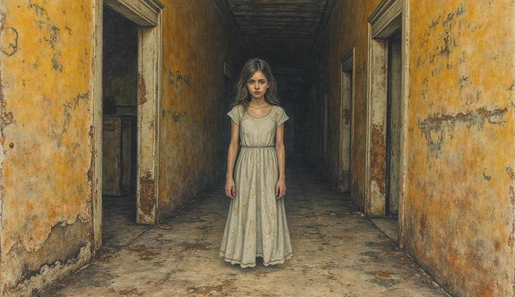  girl in red dress locked in a dark, ugly and gloomy room crying.
