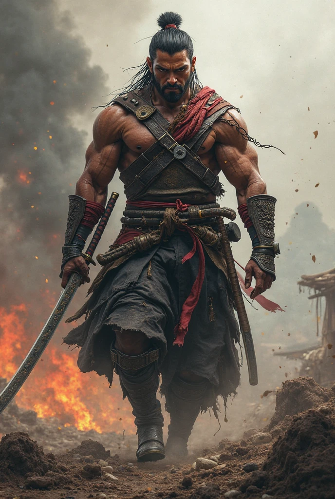 A Men with sword in angry mood walking in street wih fires ang holding men head wearing simple cloths