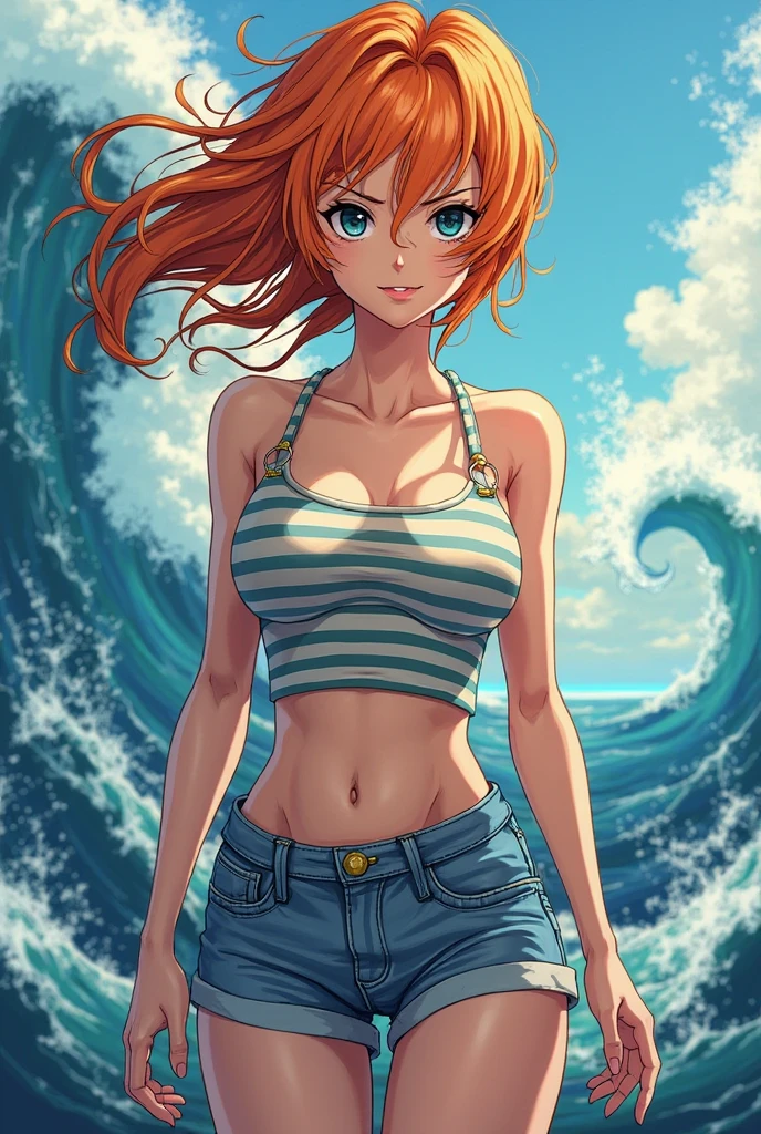 detailed background, masterpiece, best quality, 1girl, solo, nami \(one piece\), 1girl, bangle, bangs, bare shoulders, belt, bikini, bikini top only, blue sky, bracelet, breasts, brown eyes, bubble, cleavage, cloud, cowboy shot, day, denim, earrings, floating hair, green belt, green bikini, groin, jeans, jewelry, large breasts, log pose, long hair, looking at viewer, navel, orange hair, pants, shoulder tattoo, sidelocks, sky, smile, solo, standing, stomach, swimsuit, tattoo , looking at viewer,large breasts detailed body, with sexy look, transperant clothes